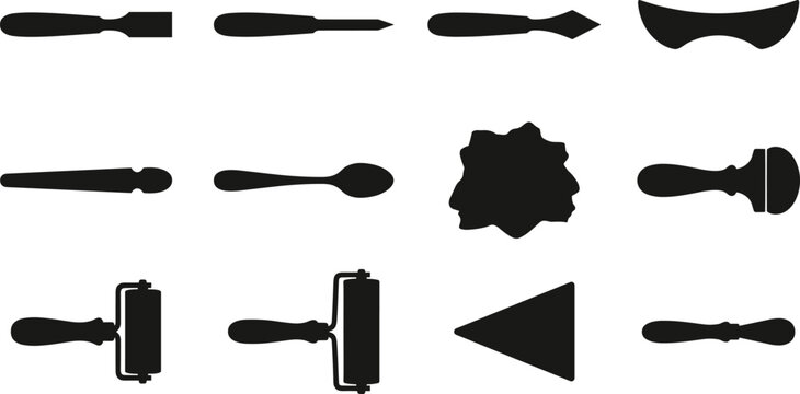 Professional Intaglio Engraving and Etching Hand Tool Silhouette Icon Set Featuring Scrapers Burins Mezzotint Rocker Leather Dauber Tarlatan Cloth and Inking Rollers Isolated on White