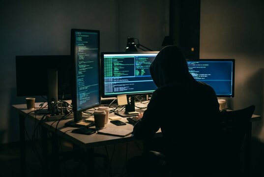 Hooded Hacker Silhouette Working at Multiple Computer Screens with Code in Dark Room Cyber Crime and Hacking Concept