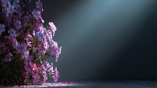 Dramatic spotlight on pink phlox flowers with fallen petals on a dark. textured floor