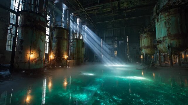 Urban Exploration Scene Inside a Historic Industrial Building with Stunning Light Effects