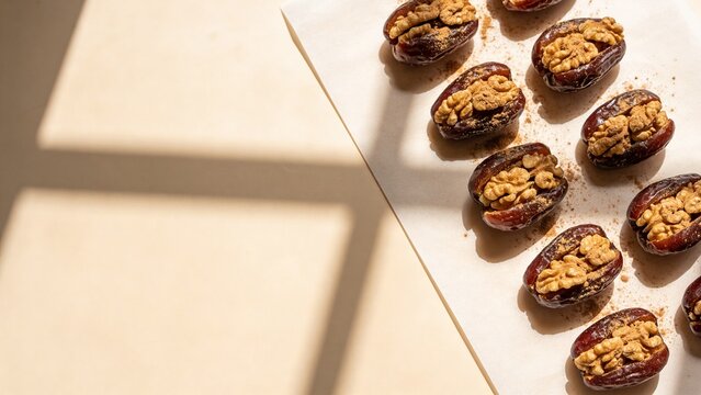 Walnut Cinnamon Stuffed Dates with Left Copy Space