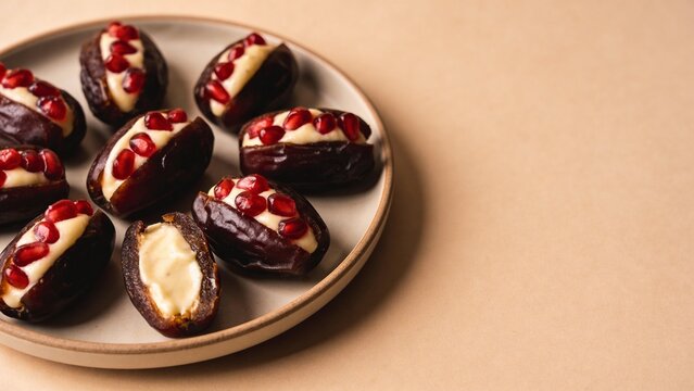 Wide 16:9 top‑down plate composition of stuffed dates with pomegranate and one cut piece revealing filling. Ample right copy space, warm natural light