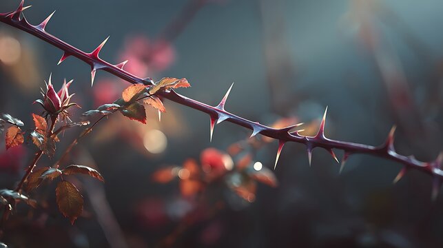 Close up macro photography of sharp red rose thorns on a dark. moody blurred background with bokeh
