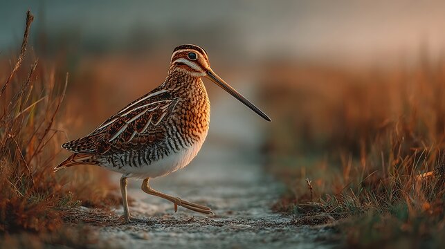 Close up of a common snipe bird with intricate brown plumage walking on a dirt path at sunrise