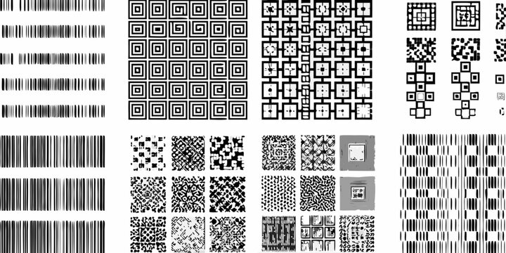 A collection of black and white barcodes and two dimensional square code patterns on a white background