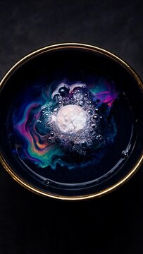 Shower steamer dissolving in dark blue water, colorful swirls and bubbles, gold rim ceramic bowl, macro shot, dark luxury spa aesthetic