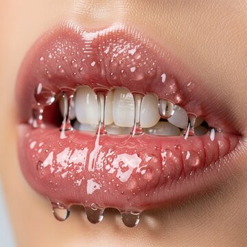 Macro shot of slightly open lips with wet, dripping clear gel or liquid, showing white teeth behind transparent drops