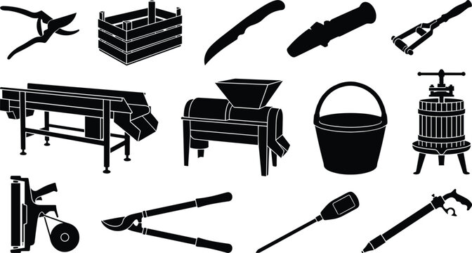 Professional Viticulture and Winemaking Tool Silhouette Icon Set Featuring Grape Harvest Pruning Shears Wooden Crate Crusher Destemmer Wine Press and Sorting Conveyor Isolated on White