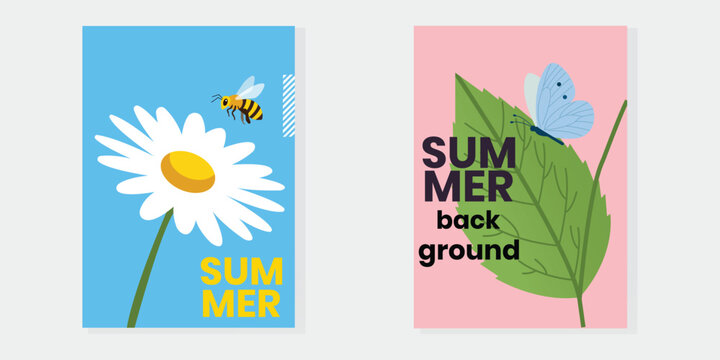 Summer Vibes Posters: Two vibrant posters capture the essence of summer with cheerful illustrations of a bee visiting a daisy and a butterfly resting on a leaf against a pastel backdrop.