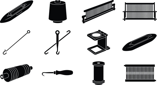 Traditional Weaving Loom and Textile Production Tool Silhouette Icon Set Featuring Shuttles Thread Cone Reed Heddles Reed Hook Bobbin and Linen Tester Isolated on White