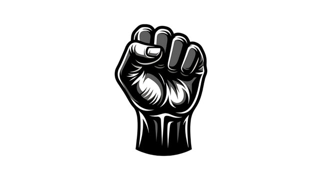 Black and white clenched fist illustration with bold lines and shading on white background