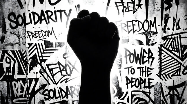 Raised fist in front of graffiti wall with freedom and solidarity messages