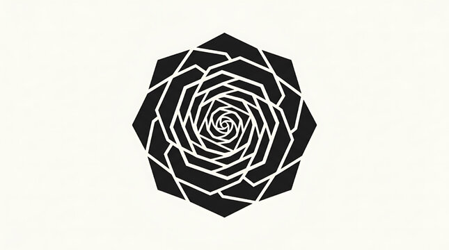 Black and white geometric spiral flower mandala on cream background