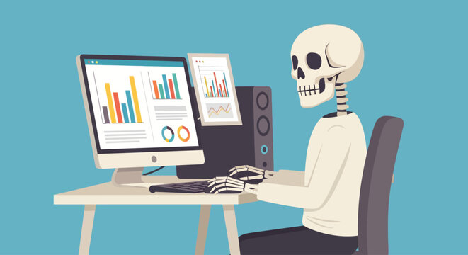 A skeleton sitting at a desk working on a computer with graphs on the screen.