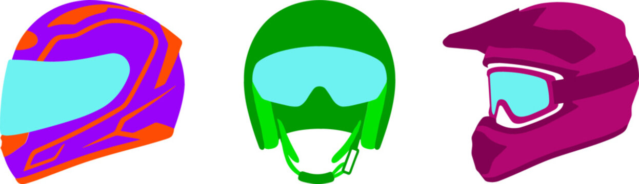 Motorsport Protective Racing Helmet Vector Element Set with Full Face Sportbike Helmet Open Face Goggles Gear and Motocross Dirt Bike Rider Helmets