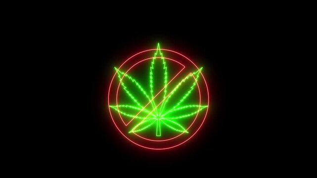 Neon Cannabis Leaf Prohibited Sign Slash Animation Green Drug Ban Alpha 4K