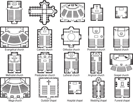 An architectural illustration showcasing diverse floor plans and top-down views of various church designs, including Evangelical, Catholic, Orthodox, Protestant, Baptist, Methodist, Presbyterian.