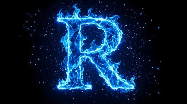 Glowing Blue Fire Flame Letter R Typography on Black Background