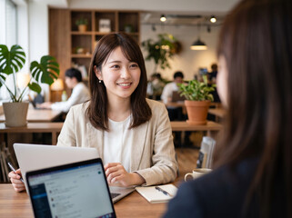 Fototapeta premium カフェスペースでPCを使い同僚と談笑するジャケットの女性