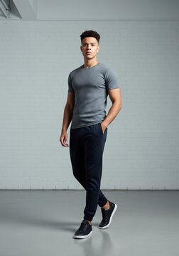 Full length portrait of a fit young man standing in a studio with one hand in his pocket. He is wearing a grey tight t-shirt, dark blue sweatpants