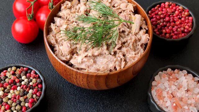 Fish, canned tuna chunks in brine for sandwiches and salads. Canned tuna as a food background for your design