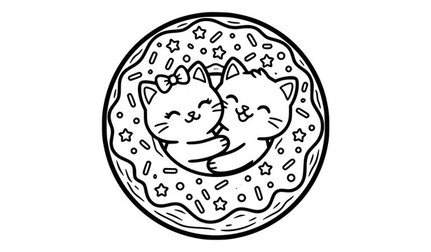 Kawaii cats with donut coloring page vector cute dessert cartoon kittens line art icon