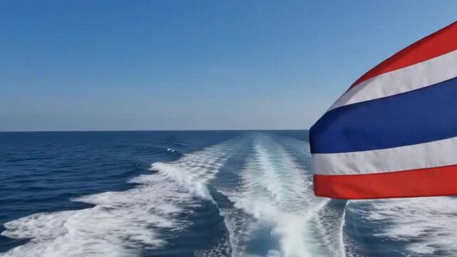 Flag of thailand waving on a ship mast with a wake trail in the blue ocean background