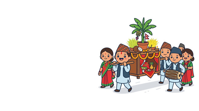 Cartoon Nepali People Celebrating Dashain Festival Carrying Palanquin