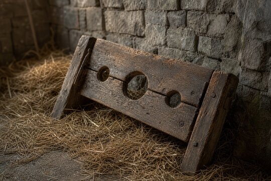 A rough wooden pillory in hay against a stone castle wall.