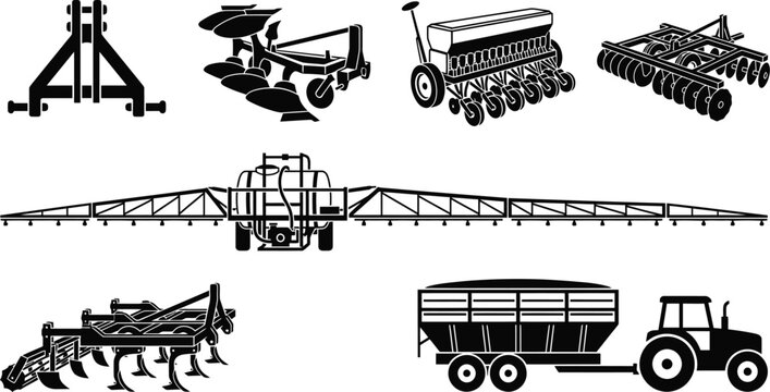 Agricultural machinery and farming equipment silhouettes set including tractor, plow, harrow, and sprayer vector icons.