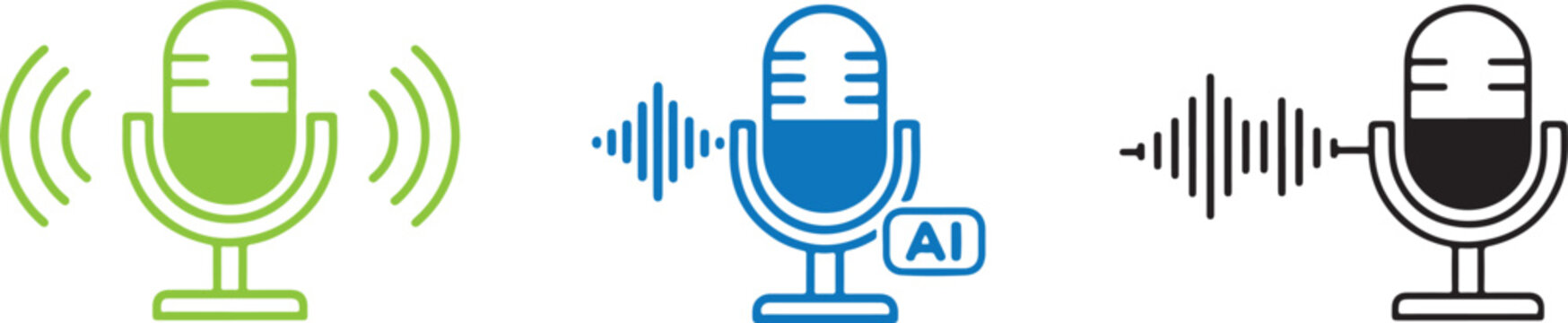 AI smart voice assistant microphone icon set with voice command outline vector design elements.