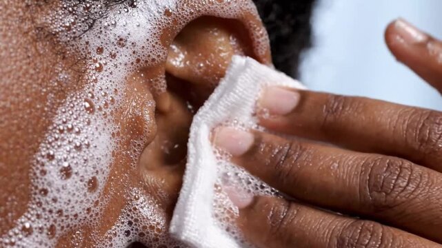 Close up of a person washing their face with a cleansing wipe and foam