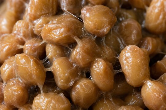 Extreme close-up of fermented soybeans with glossy, stringy mucus coating.