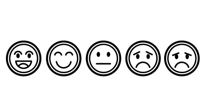 Set of five emotion face icons showing different moods from happy to sad