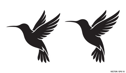 Obraz premium Two flying hummingbird silhouettes elegant small birds wings spread wide isolated graphic design element vector