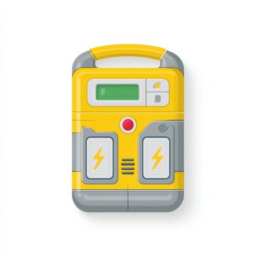Depiction of AED device featuring yellow and gray design on a clean white background ready for use in emergencies and healthcare situations