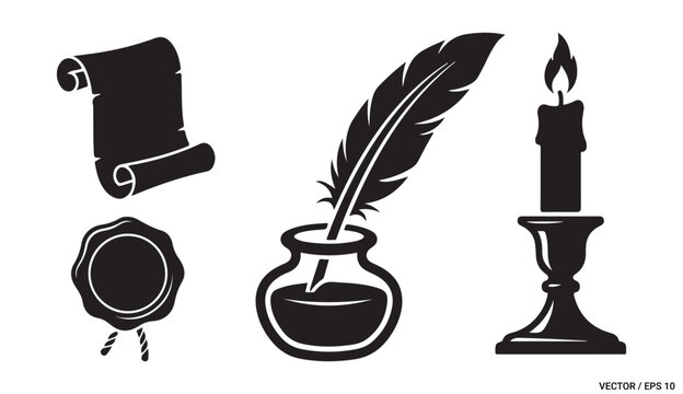 Vintage retro writing set with feather quill inkwell scroll paper wax seal and burning candle vector
