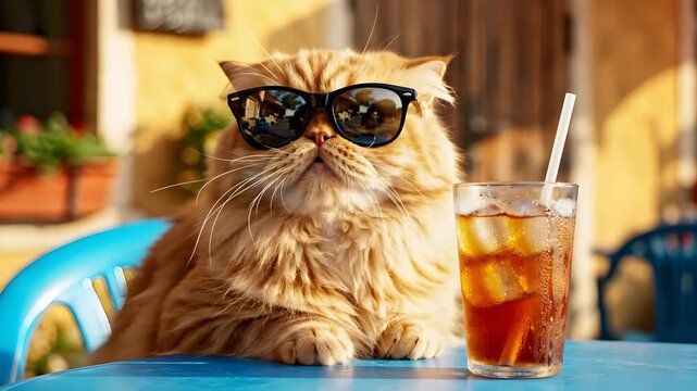 Funny Persian cat wearing black sunglasses sitting at an outdoor blue table next to a refreshing iced drink with a straw