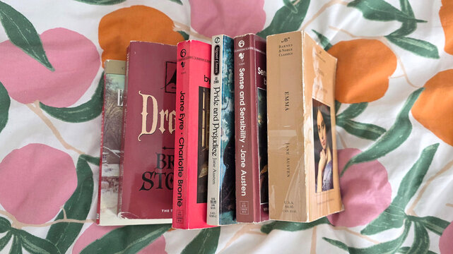 Collection of old, worn Barnes and Noble, Signet Classic, and Bantam Classic paperback books, including Emma by Jane Austen resting spine up on a botanical print duvet, June 24, 2026, Schaumburg, IL