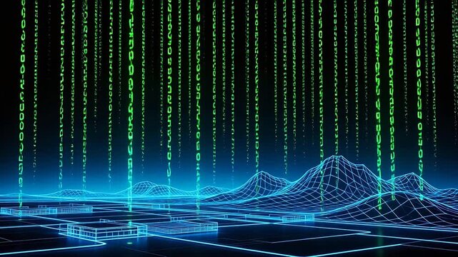 Digital binary data over wireframe landscape