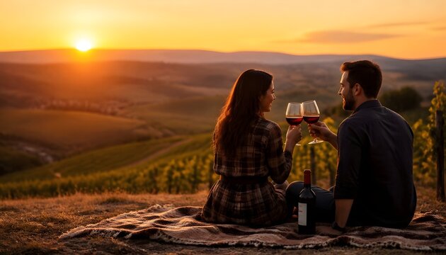 Couple Enjoying Wine Tasting Amidst Vineyard Sunset Serenity