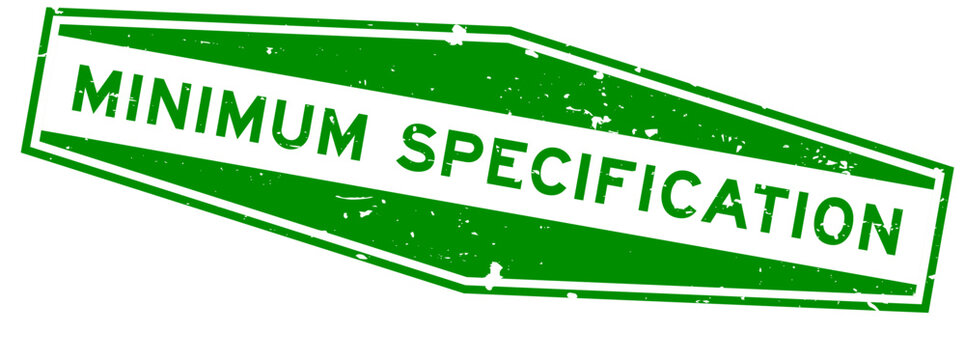 Grunge green minimum specification word hexagon rubber seal stamp on white background