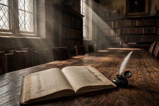 Wooden library table with manuscript, quill and inkwell in dust motes.