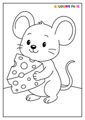 Cute little mouse coloring page vector template featuring a happy cartoon rodent holding a big piece of cheese in an outline style for children activity book.