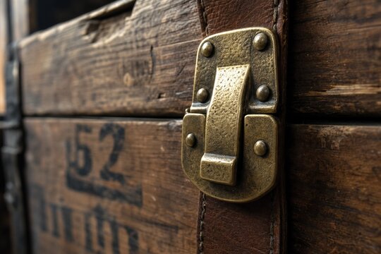 A heavy brass hasp fastened on the leather strap of an aged wooden crate.