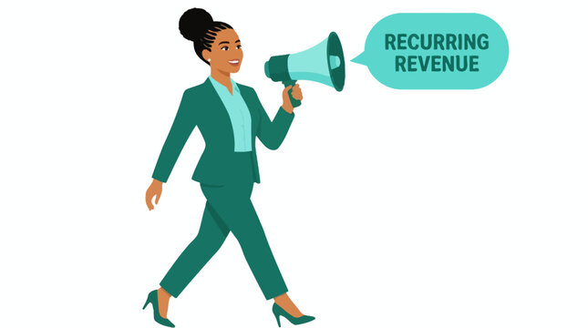 Businesswoman holding megaphone for recurring revenue announcement.