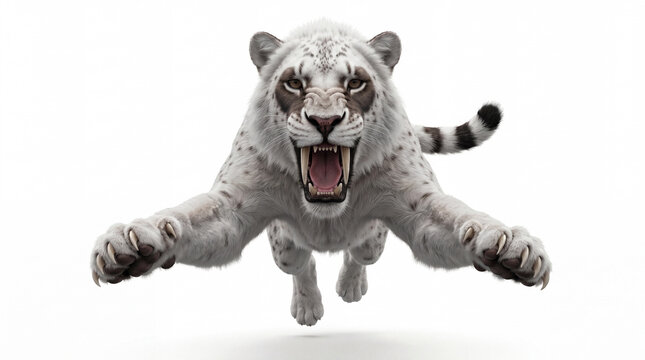 Photorealistic Homotherium serum jumping and attacking toward the camera, isolated on white background, showing detailed anatomy and scientifically accurate paleontological reconstruction.