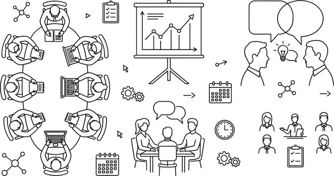 Business meeting corporate teamwork presentation traditional vector elements doodle set with conference table brainstorming people graph and calendar