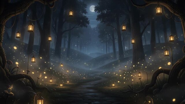 Magical forest path with glowing lanterns and twinkling fireflies under full moon creates enchanting atmosphere among trees