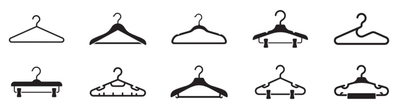 Clothes hanger icon. Set of clothes hanger vector icons. Hanger for cloakroom or closet. Hang for coat, shirt or suit. Clothes hanger silhouette collection. Vector illustration. Vector Graphic. EPS 10